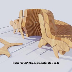 May include: A wooden bench made of multiple layers of plywood, with holes for 1/2 inch (12mm) diameter steel rods. The bench is assembled with the rods, creating a unique and modern design.