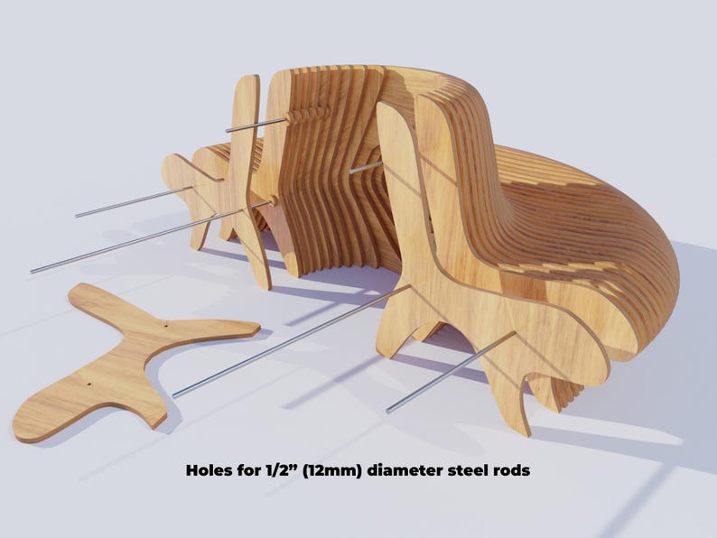 May include: A wooden bench made of multiple layers of plywood, with holes for 1/2 inch (12mm) diameter steel rods. The bench is assembled with the rods, creating a unique and modern design.