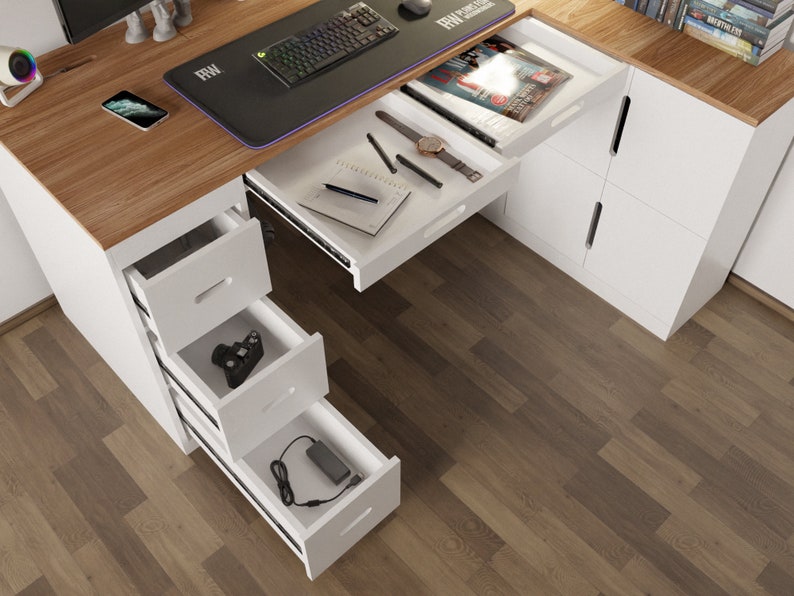 DIY Wooden Desk Building Plan, Computer Desk Plan For Office or Gamers, Project Cut Plan Gaming Desk Setup, Desk With Drawers and Cabinet image 7