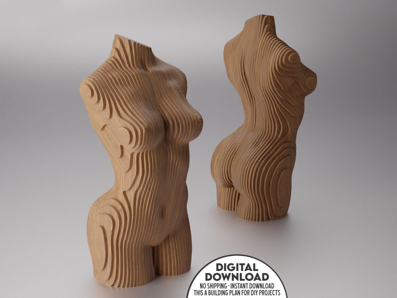 May include: A digital download of a building plan for a wooden sculpture of a human torso. The sculpture is made up of layered circles, creating a unique and modern design.