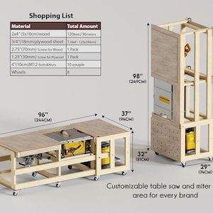 May include: A wooden workbench with a built-in table saw and miter saw, shown in horizontal and vertical positions. Includes a shopping list table with materials and dimensions in inches and centimeters, plus the text: Customizable table saw and miter saw area for every brand.