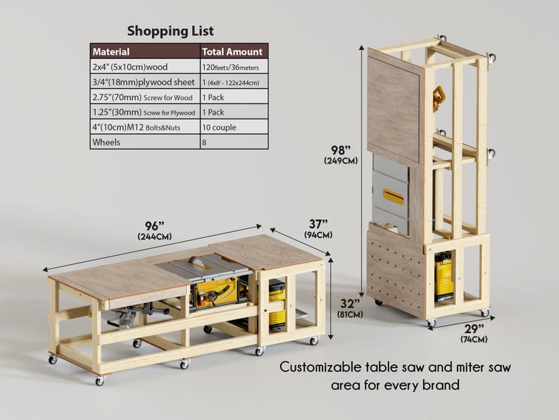 May include: A wooden workbench with a built-in table saw and miter saw, shown in horizontal and vertical positions. Includes a shopping list table with materials and dimensions in inches and centimeters, plus the text: Customizable table saw and miter saw area for every brand.
