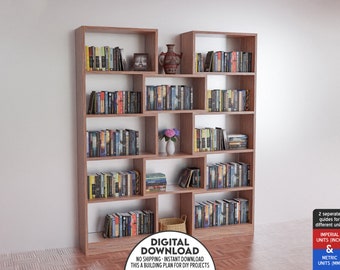 DIY Bookcase Wood Shelves, Library Plan, Bookshelf Plans, Extra Storage shelf, Modern Farmhouse Bookshelf, Minimalist Bookcase