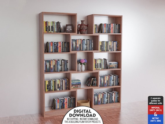 DIY Bookcase Wood Shelves, Library Plan, Bookshelf Plans, Extra Storage shelf, Modern Farmhouse Bookshelf