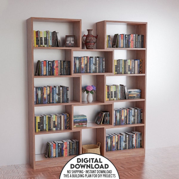 DIY Bookcase Wood Shelves, Library Plan, Bookshelf Plans, Extra Storage shelf, Modern Farmhouse Bookshelf, Minimalist Bookcase