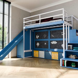 May include: A blue and white bunk bed with a slide and stairs. The bed has a chalkboard wall with drawings, storage cubes, and shelves with toys. The slide is on the left, and the stairs are on the right.