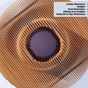 May include: A large, wooden, circular bench with a diameter of 85 inches (214 cm). The bench is made of thin, vertical slats of wood that are spaced apart to create a lattice-like pattern. The bench is designed to be used outdoors and has a height of 33 inches (82 cm).