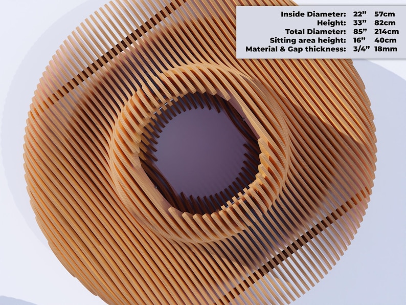 May include: A large, wooden, circular bench with a diameter of 85 inches (214 cm). The bench is made of thin, vertical slats of wood that are spaced apart to create a lattice-like pattern. The bench is designed to be used outdoors and has a height of 33 inches (82 cm).