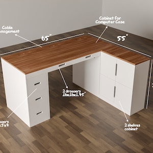 Plan de construction de bureau en bois à faire soi-même, plan de bureau d'ordinateur pour bureau ou joueurs, projet d'aménagement de bureau de jeu, bureau avec tiroirs et armoire image 5