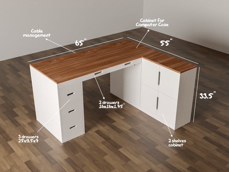 Plan de construction de bureau en bois à faire soi-même, plan de bureau d'ordinateur pour bureau ou joueurs, projet d'aménagement de bureau de jeu, bureau avec tiroirs et armoire image 5