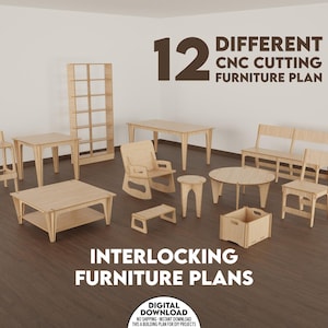 Interlocking Furniture Plans, Digital Download of 12 Different CNC Cutting Furniture Plans Bundle, Bench Table, Rocking Chair, Bookcase etc.
