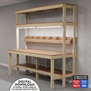 DIY Workbench PDF Plans, Garage Work Bench for Craft Table And Storage Shelves, Workbench Plans For Hobby Garages And Workshops