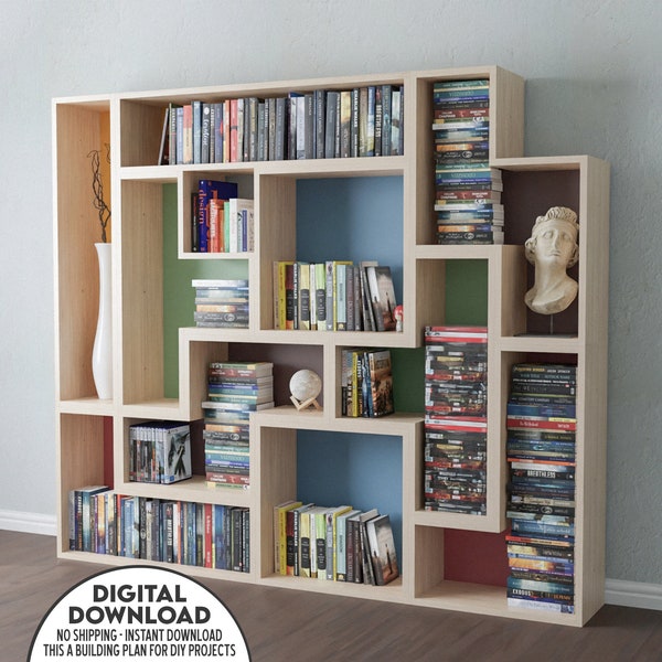 DIY Bookshelves Plan, Bookcase Plan for Kids Room Bookcase Plan For Tetris Lovers. Expandable Growable Bookcase, Tetris Bookcase Plans