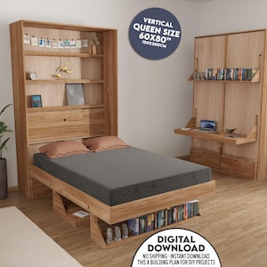 DIY Murphy Bed Plan With Desk & Shelves, Plan to Build a Murphy Bed, Pdf Printable Guide, DIY Woodworking Project, Wood Cutting - Queen Size