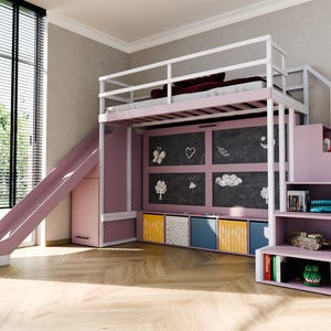 May include: A pink and white loft bed with a slide and stairs. The bed has a chalkboard wall with drawings, storage cubes, and shelves with toys and books. The bed is in a room with a large window.