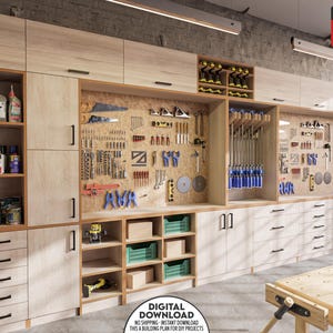 May include: A well-organized workshop with light wood cabinets, drawers, and pegboards displaying various tools. The image includes a workbench and storage for supplies. The text "DIGITAL DOWNLOAD" is visible at the bottom.