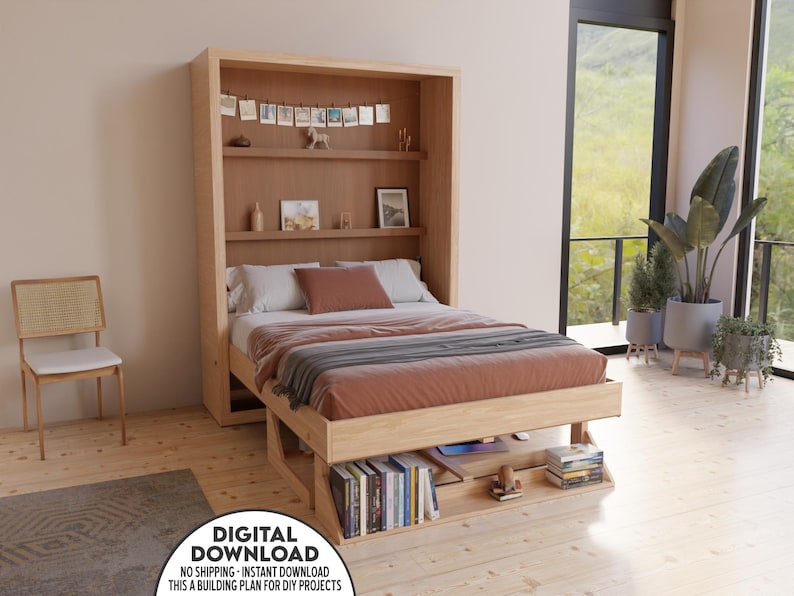 Plano de cama plegable DIY con escritorio y estantes (Guía imprimible en PDF) imagen 1