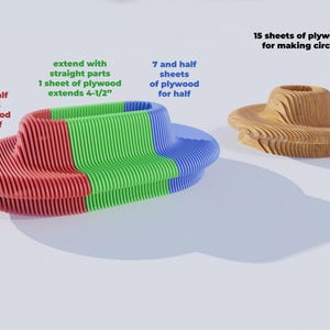 May include: A 3D model of a circular bench made from 15 sheets of plywood. The bench is divided into three sections, each with a different color: red, green, and blue. The bench is 4-1/2 inches wide and is made from 7 and a half sheets of plywood for each half.