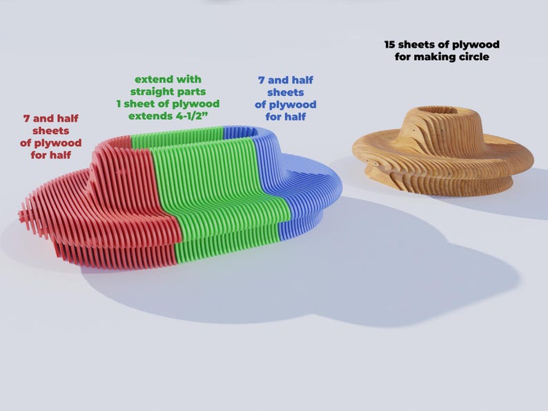 May include: A 3D model of a circular bench made from 15 sheets of plywood. The bench is divided into three sections, each with a different color: red, green, and blue. The bench is 4-1/2 inches wide and is made from 7 and a half sheets of plywood for each half.