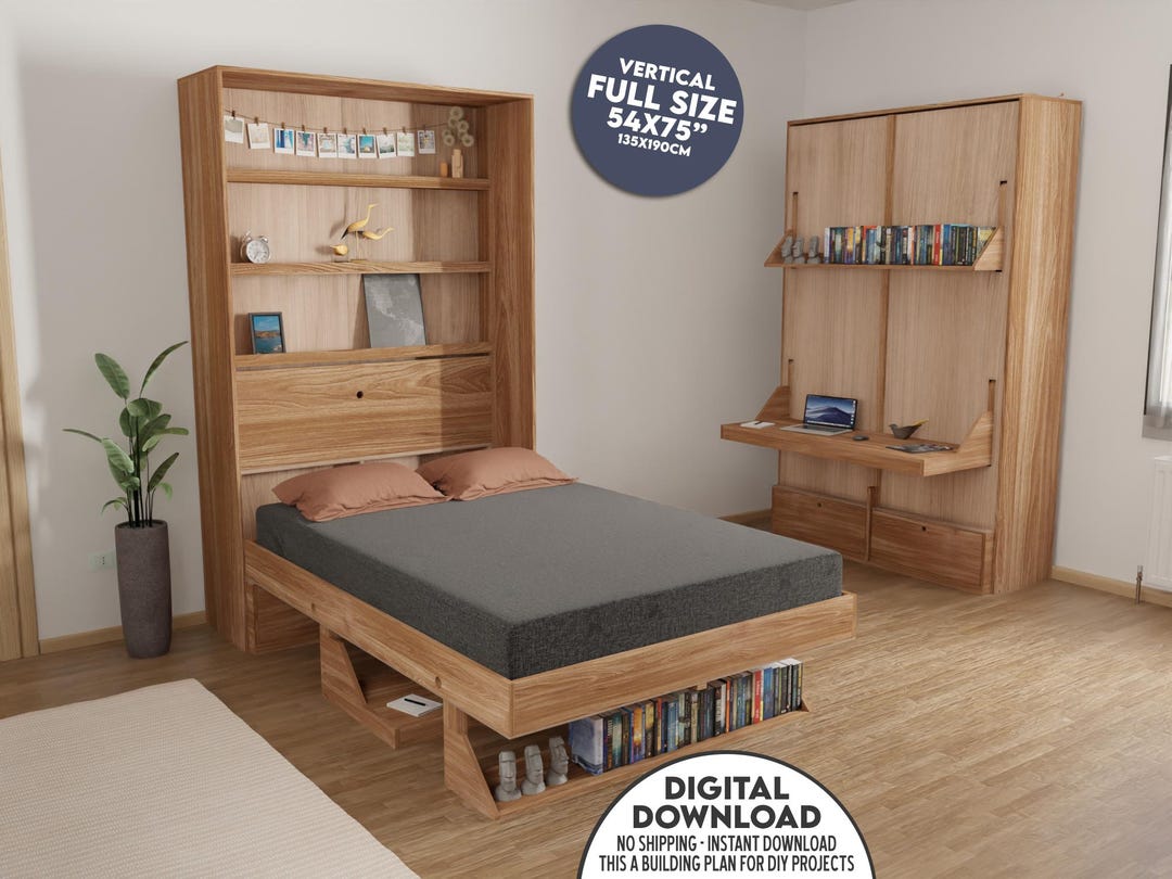 DIY Murphy Bed Plan: Full Size With Desk & Shelves (PDF Printable Guide ...