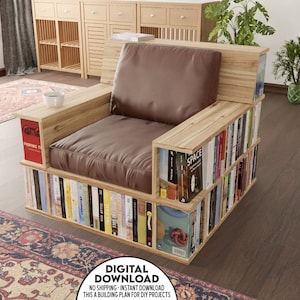 Plan de bricolage de chaise bibliothèque, plans d'étagère, fichier de découpe CNC de chaise d'étagère, plan de chaise moderne avec étagères, plan de meubles pour livres