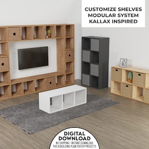 May include: A digital download plan for building a modular shelving system inspired by the Kallax design. The plan includes a variety of shelf configurations, including a large entertainment center with a TV, a smaller bookshelf, and a coffee table. The shelves are made of wood and can be customized to fit any space.
