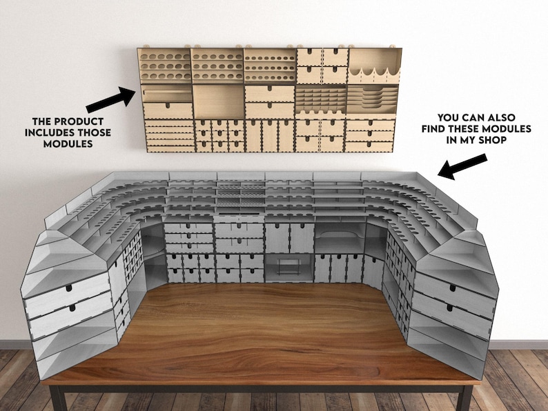May include: A large, modular, gray and white storage system for hobby supplies. The system is made up of shelves, drawers, and compartments. The product includes the modules shown in the image. You can also find these modules in the shop.