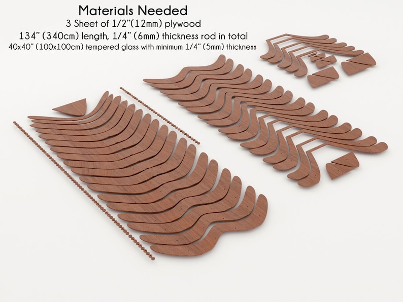 May include: A collection of wooden cutouts for a project, including curved pieces and small triangles. The image includes text indicating the materials needed: 3 sheets of 1/2" plywood, 134" length rod, and 40x40" tempered glass.