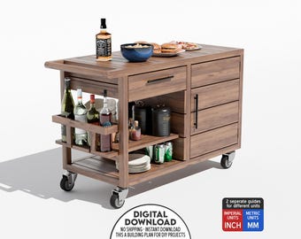 DIY Wooden Trolley Plan with Drawer, Cabinet and Wine Rack, Outdoor Service Car