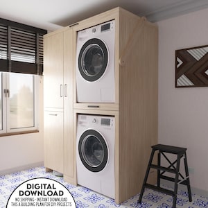DIY Multifunctional Laundry Cabinet Plans - Washer Dryer Unit, Shelves, Basket Storage & Ironing Board Organizer, Drying Rack Plans