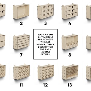 May include: A set of 14 different wooden storage modules for organizing small items. Each module has a unique design and can be purchased individually or as a bundle. You can buy any module files or get them as bundle. Check description for each module details.