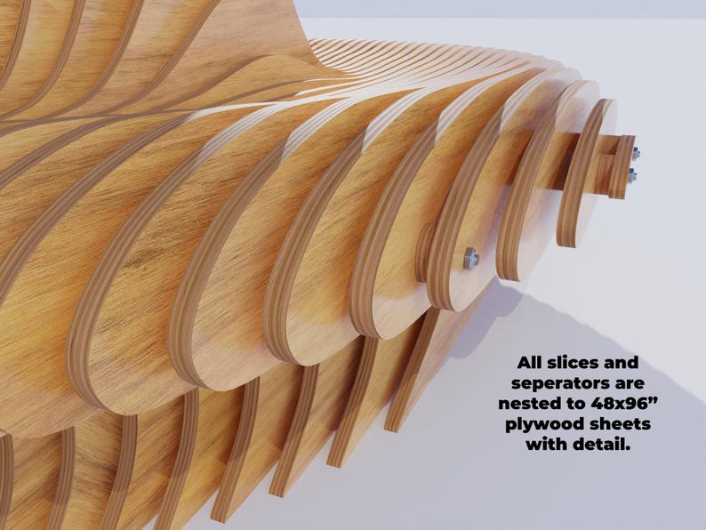 May include: Close-up of a wooden sculpture made of multiple layers of plywood. The layers are curved and interlocked to create a unique and intricate design. All slices and separators are nested to 48x96" plywood sheets with detail.