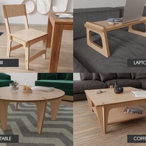 Pu&ograve; includere: Quattro mobili in legno: una sedia, un tavolino per laptop e due tavolini da caff&egrave;. La sedia e il tavolino per laptop hanno un design semplice e moderno. Un tavolino da caff&egrave; &egrave; rotondo e l'altro &egrave; quadrato con uno scaffale inferiore.