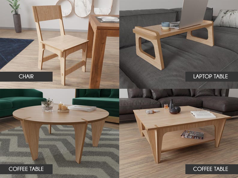 Pu&ograve; includere: Quattro mobili in legno: una sedia, un tavolino per laptop e due tavolini da caff&egrave;. La sedia e il tavolino per laptop hanno un design semplice e moderno. Un tavolino da caff&egrave; &egrave; rotondo e l'altro &egrave; quadrato con uno scaffale inferiore.