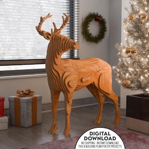 May include: A wooden deer sculpture with a layered design stands in a room with a Christmas tree and wrapped gifts. The deer is a light brown colour and has detailed antlers. The image also includes text that reads "DIGITAL DOWNLOAD".