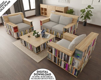 Bookcase Sofa, Chair and Coffee Table DIY Plan,  Bookshelf Plans, Bookshelf Chair CNC Cutting File, Modern Sofa Plan with Bookshelves