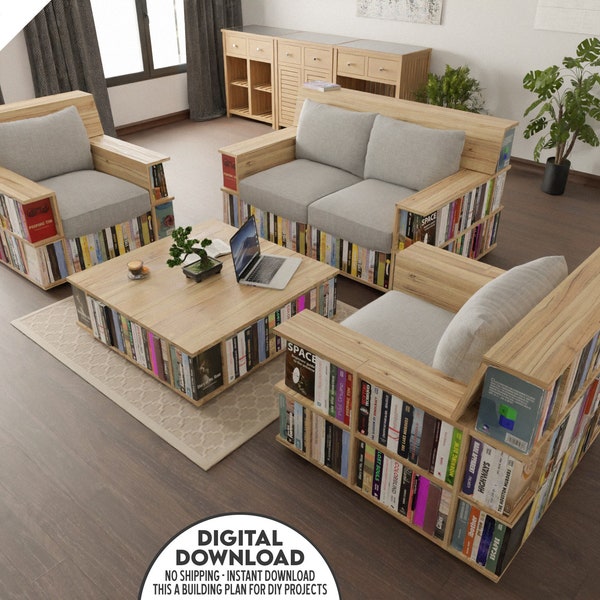 Bookcase Sofa, Chair and Coffee Table DIY Plan,  Bookshelf Plans, Bookshelf Chair CNC Cutting File, Modern Sofa Plan with Bookshelves