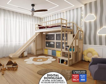 Kids Loft Bed Plan with Slide, Murphy Bed & Storage Stairs