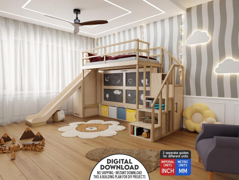 May include: A wooden loft bed with a slide and stairs, featuring a chalkboard wall and storage. The room includes a flower-shaped rug, a ceiling fan, and a gray and white striped wall. The image also includes the text "DIGITAL DOWNLOAD".