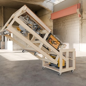 May include: A mobile wooden workbench featuring a hinged, tilting frame mounted on casters. The structure supports a yellow and black table saw and a miter saw, with a yellow and black planer stored on the lower shelf within the wooden base frame.