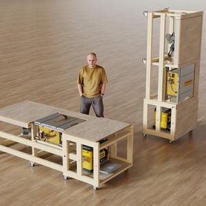May include: A modular wooden workbench system on casters, featuring a horizontal configuration with a yellow table saw and planer integrated into the frame, and a vertical storage configuration showing the same tools housed within a tall wooden tower.