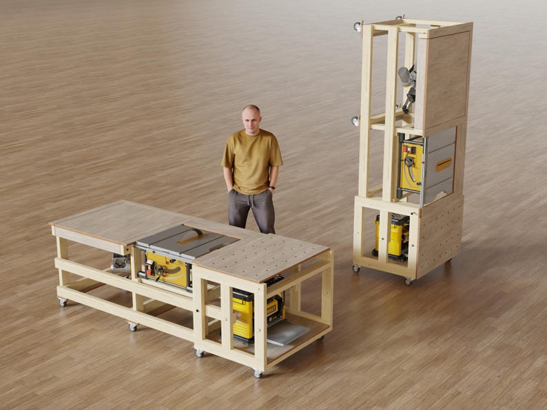 May include: A modular wooden workbench system on casters, featuring a horizontal configuration with a yellow table saw and planer integrated into the frame, and a vertical storage configuration showing the same tools housed within a tall wooden tower.