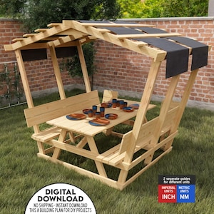 Covered Picnic Table Woodworking Plans | Pergola Garden Bench DIY PDF