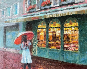 Impressionist Cafe Oil Painting, Rainy Cityscape, Woman with Umbrella, 16x20"