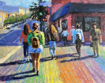 Castro, San Francisco Oil Painting: Rainbow Crosswalk Impressionism (11x14 inches)