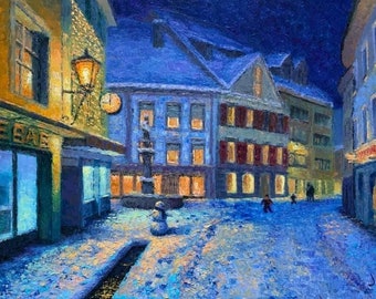 Schnee in Tiengen. Impressionistische Stadtlandschaft, winterliches Stadtbild, Nacht mit Lichtern. Originales Ölgemälde. impressionistische Landschaft.