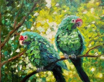 Groene papegaaien in de boom: origineel olieverfschilderij. Vogels en dieren. Humoristisch schilderij.