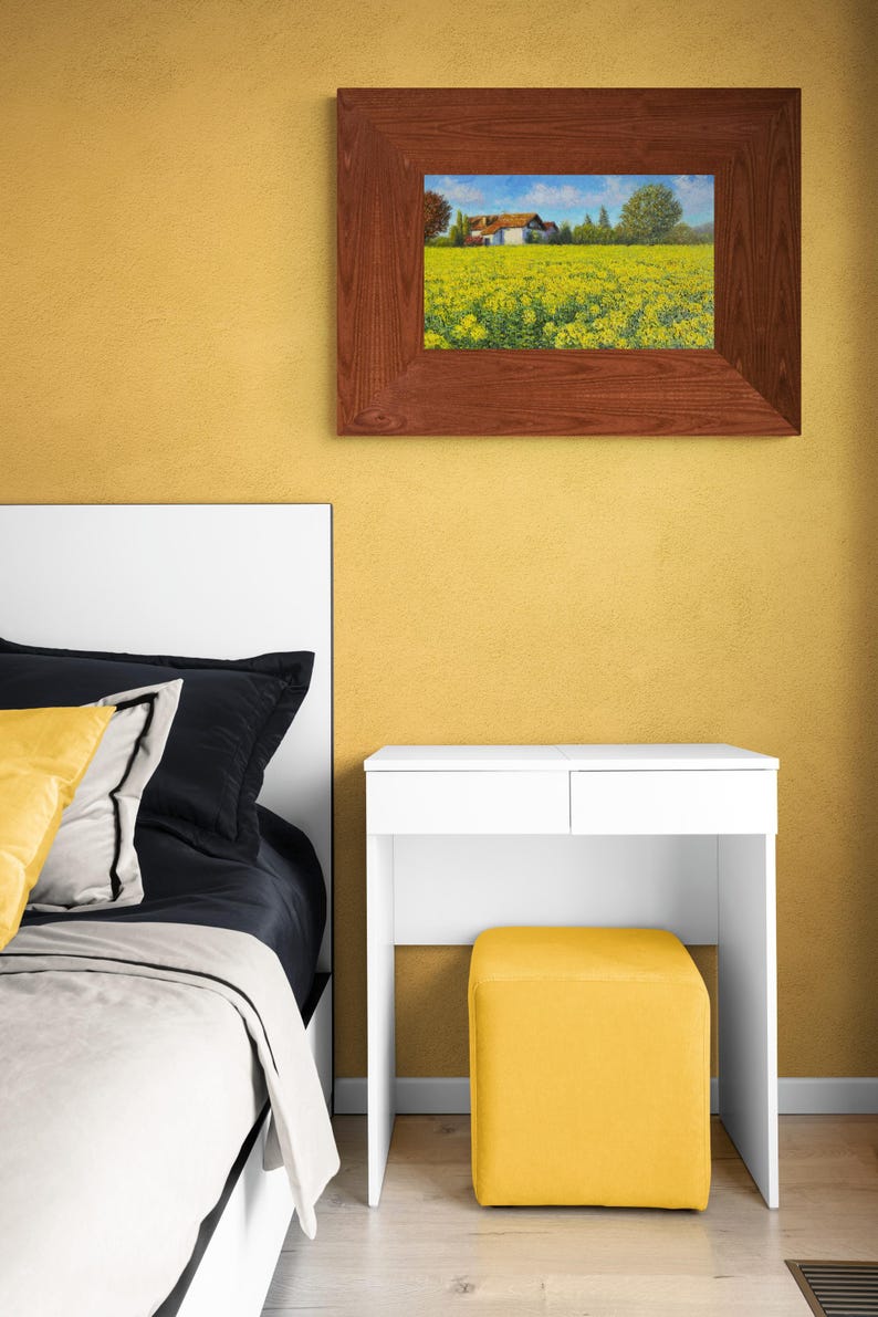 May include: A white bedroom set with a bed, nightstand, and stool. The bed has a white headboard and a white comforter. The nightstand is white with two drawers. The stool is yellow and has a square shape.