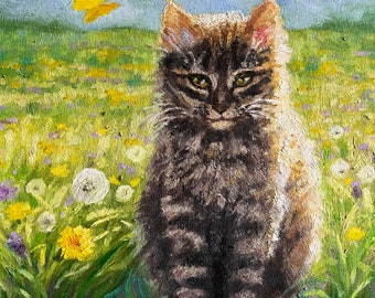 Kätzchen und ein Schmetterling. Katzenkunst. Originales Ölgemälde.