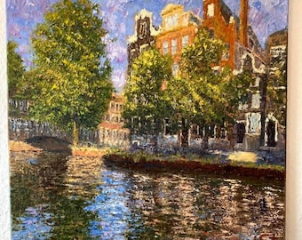 Amsterdam Cityscape Oil Painting: Impressionist Palette Knife Art